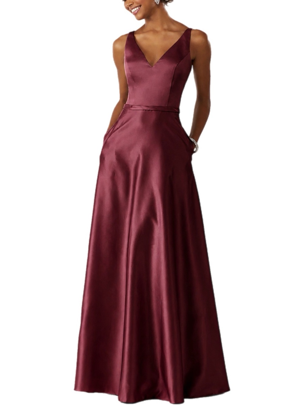 Satin V-Neck Burgundy Wedding Guest Gown
